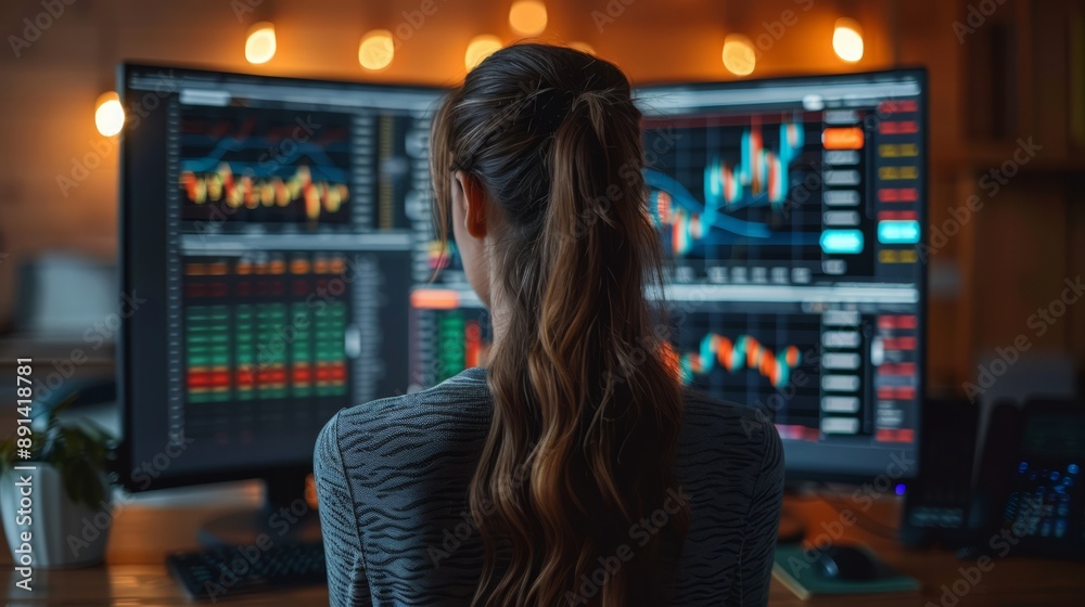 Financial expert analyzing trading graphs, using advanced software to predict stock market movements in a modern office Financial expert analyzing trading graphs, using advanced software to predict stock market movements in a modern office