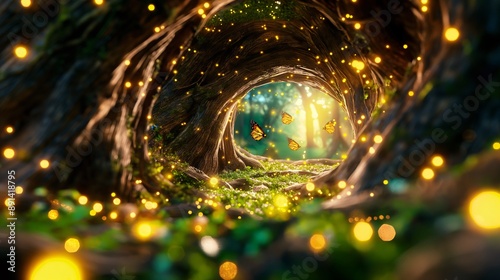 A hidden portal in an ancient tree, surrounded by magical fireflies. photo