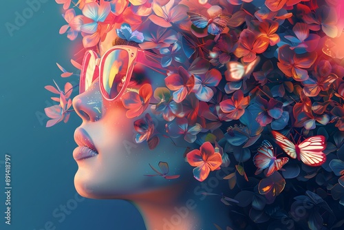 A Dreamy Portrait of Nature: Floral Hair and Butterflies in Vibrant Colors photo