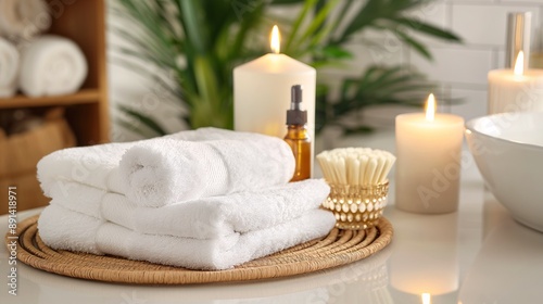 A serene spa setup with essential oils, candles, and soft towels.