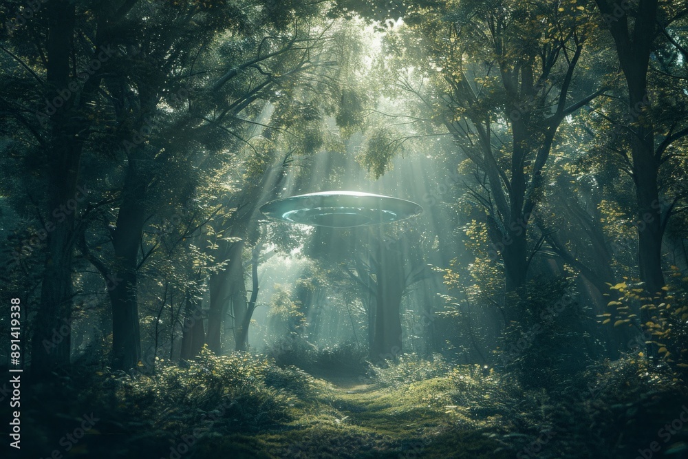 Obraz premium Alien spaceship hovering over a forest path in the sunlight