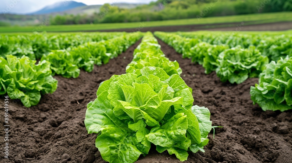 Cultivated rows of lettuce in a small farm, ideal for agricultural and environmental themes. Cultivated rows of lettuce in a small farm, ideal for agricultural and environmental themes.