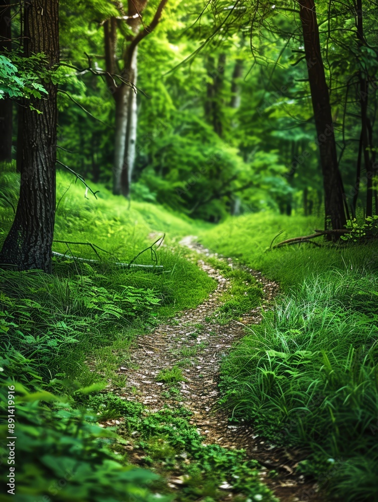 Fototapeta premium A pathway through a lush green forest, inviting and serene, perfect for advertising with ample copy space