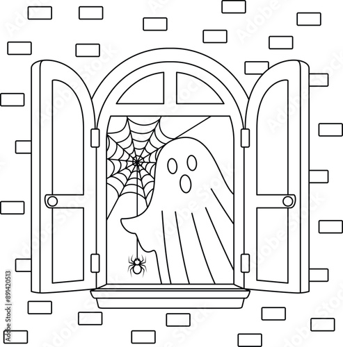 Ghostly Figure Peeking Out from a Haunted Window Colouring, Halloween Outline Coloring Page