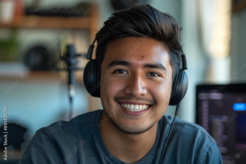 Young hispanic man smiling while recording a podcast in his home studio Young hispanic man smiling while recording a podcast in his home studio