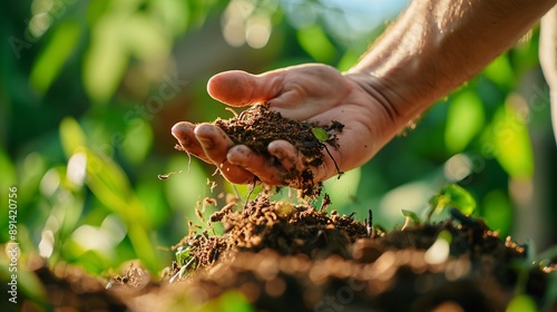 Hand sifting through rich compost with visible worms, highlighting organic waste recycling. photo