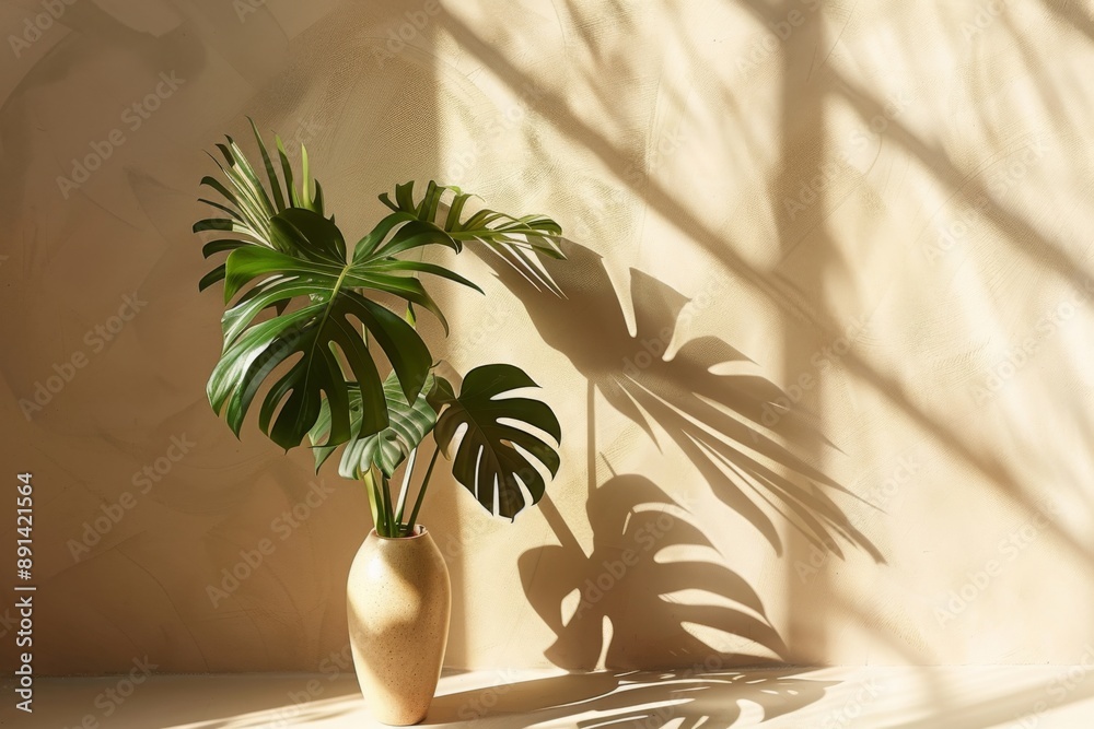 Modern summer minimal of plant in sunlight with long shadows on beige wall background, copy space interior lifestyle Mediterranean scene Modern summer minimal of plant in sunlight with long shadows on beige wall background, copy space interior lifestyle Mediterranean scene