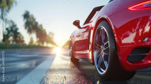 red car on asphalt road in summer. generative ai.