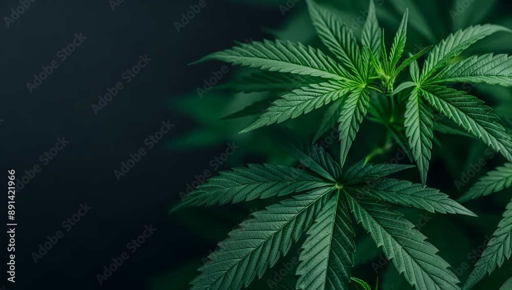 Close-Up of Lush Green Cannabis Plant Leaves on Dark Background Close-Up of Lush Green Cannabis Plant Leaves on Dark Background