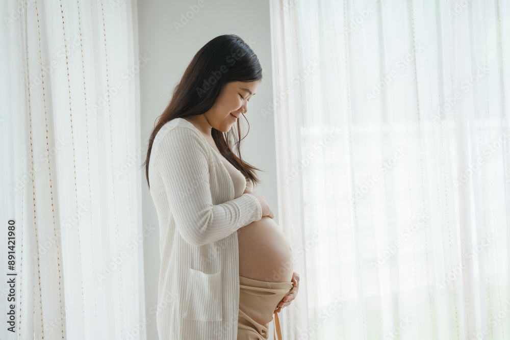 An Asian woman stands while pregnant with her first child, placing her hand on her stomach. She is excited and eagerly waiting for the birth day to meet her baby. An Asian woman stands while pregnant with her first child, placing her hand on her stomach. She is excited and eagerly waiting for the birth day to meet her baby.