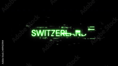 Switzerland text with screen effects of technological failures. Spectacular screen glitch with various kinds of interference. Looped
