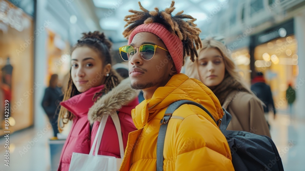 Youthful Multiracial Fashion Shoppers in Vibrant Winter Attire at Busy Mall. Generative ai Youthful Multiracial Fashion Shoppers in Vibrant Winter Attire at Busy Mall. Generative ai