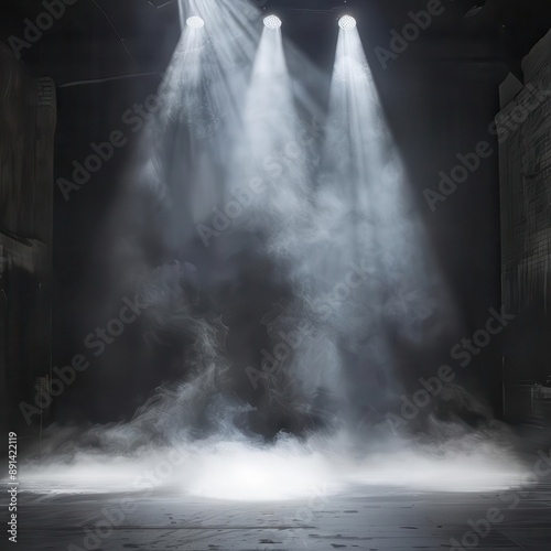 ethereal mistshrouded stage dramatic spotlights pierce darkness creating pools of light empty performance space exudes anticipation smoky atmosphere adds mystery photo