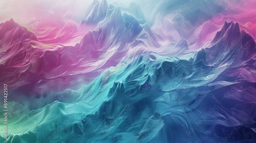 Obraz premium dreamlike mountain range formed by swirling translucent layers of vibrant colors blending into surreal peaks and valleys
