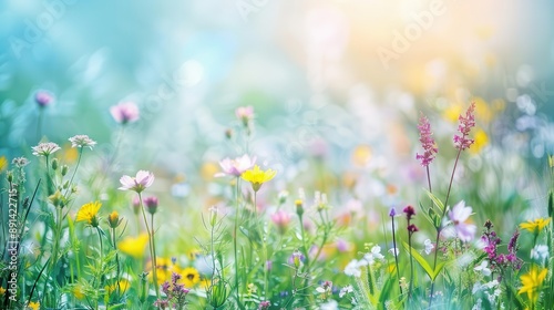dreamy spring meadow soft focus background vibrant wildflowers lush green grass sunny blue sky creating idyllic nature scene peaceful rejuvenating atmosphere