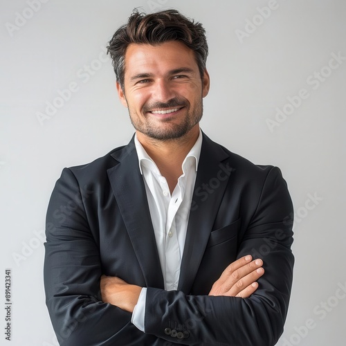 executive confidence portrait sharpdressed businessman with crossed arms and assured smile exuding leadership and professionalism against a clean white backdrop photo