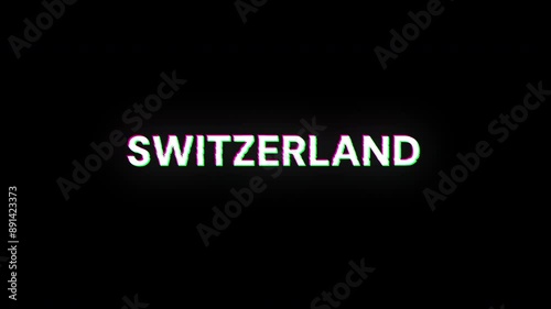 Switzerland text with screen effects of technological failures. Spectacular screen glitch with various kinds of interference. Looped
