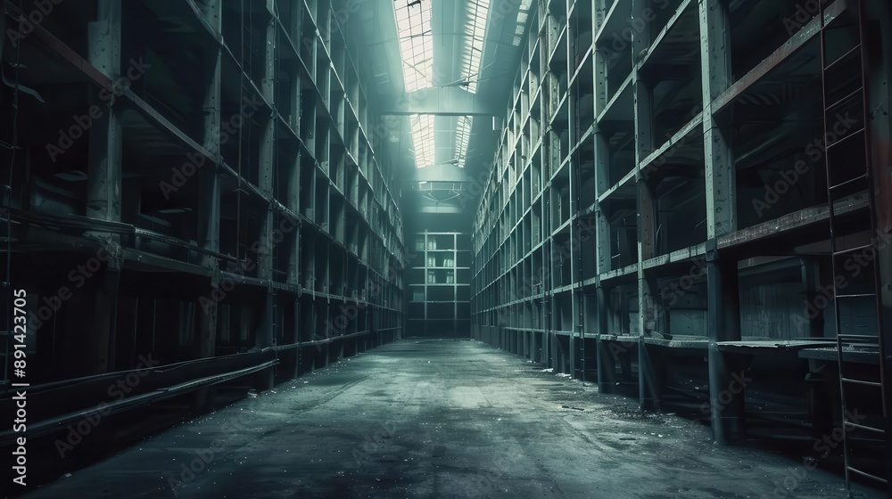 eerie abandoned warehouse interior bathed in shadows and cool tones towering shelves and empty spaces create an atmospheric scene with a hint of mystery and decay eerie abandoned warehouse interior bathed in shadows and cool tones towering shelves and empty spaces create an atmospheric scene with a hint of mystery and decay