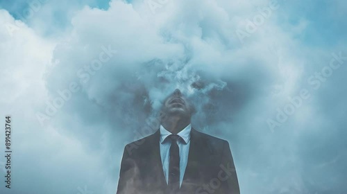 Businessman standing with his head in cloud