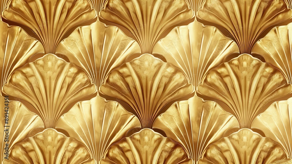 elegant golden art deco pattern featuring repeating palm fan or shell motifs seamless design with intricate linework perfect for luxurious backgrounds or textile prints elegant golden art deco pattern featuring repeating palm fan or shell motifs seamless design with intricate linework perfect for luxurious backgrounds or textile prints