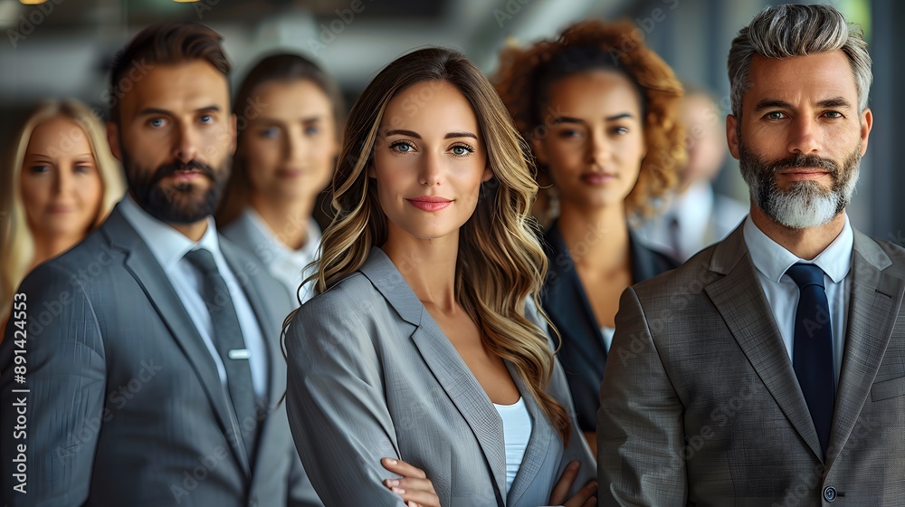 A group of diverse business professionals stand together, exuding confidence and success. A group of diverse business professionals stand together, exuding confidence and success.