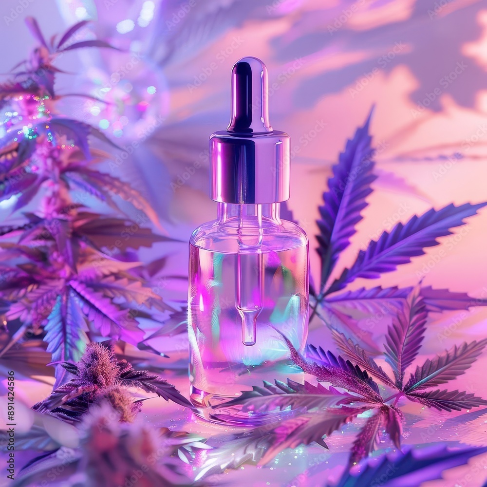 futuristic cannabisinfused wellness elixir in sleek droplet bottle surrounded by holographic marijuana leaves soft pastel background with ethereal glow emphasizing medicinal properties futuristic cannabisinfused wellness elixir in sleek droplet bottle surrounded by holographic marijuana leaves soft pastel background with ethereal glow emphasizing medicinal properties