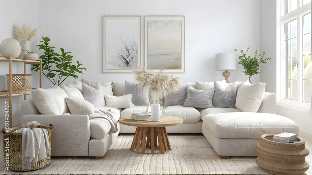 Obraz premium Scandinavian living room interior design in light colors grey and beige colors