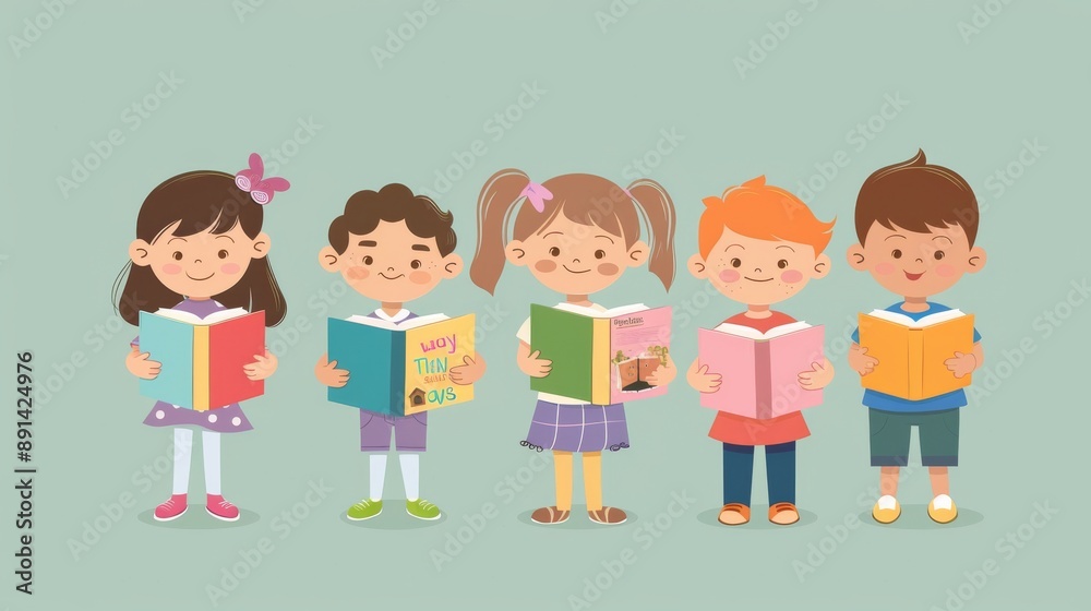 Happy children holding books on a light background. School concept. Cartoon illustration Happy children holding books on a light background. School concept. Cartoon illustration