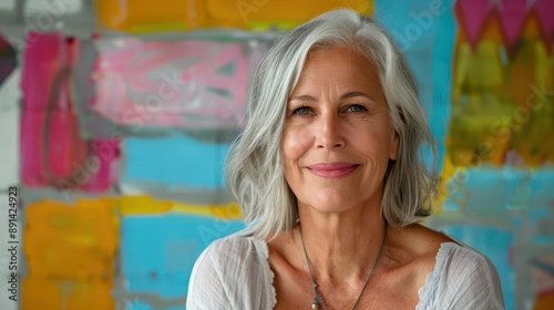 empowering portrait of a radiant middleaged woman with silver hair exuding confidence and wisdom against a vibrant colorblocked background photo