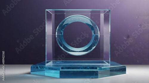 Crystal clear presentation: Glass 3D podium on a blue platform - Perfect for showcasing products with transparent stands, light effects, and water drops in a modern, clean scene