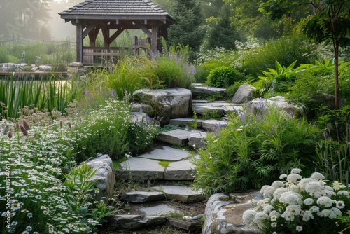 Escalier en pierre menant à un pavillon dans un jardin de spa