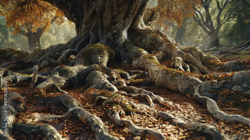 A photograph of ancient oak roots, twisted and sprawling, roots gripping rocky terrain, forest floor covered in leaves A photograph of ancient oak roots, twisted and sprawling, roots gripping rocky terrain, forest floor covered in leaves