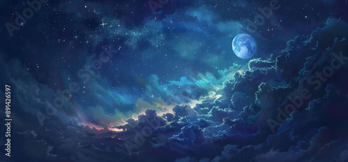 The breathtaking sight of a full moon elegantly rising through billowing clouds against a backdrop of a clear, starry night sky. Landscape cartoon illustration. © Iryna