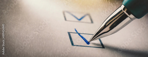 Obraz na płótnie A pen marking a checkbox on a piece of paper, symbolizing the act of voting or making a decision. w salonie