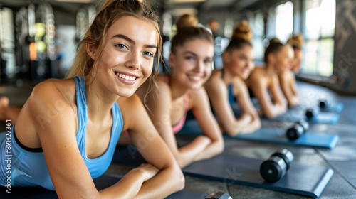 A fitness class doing a group workout in a gym with enthusiastic participants Stock Photo with copy space