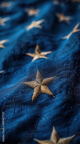 Closeup of the American flags stars on a blue background, fabric details visible, bright daylight, slight breeze creating soft movement, shallow depth of field, vivid and symbolic