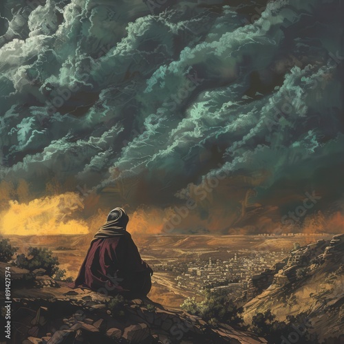 illustration of the prophet jonah sitting contemplatively on a hill overlooking the city of nineveh with a dramatic stormy sky looming overhead photo