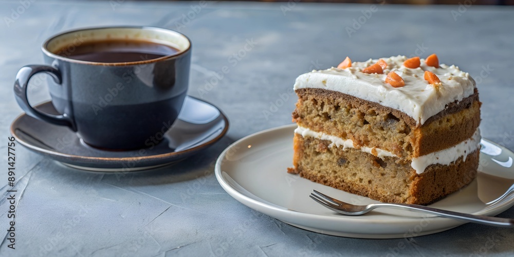Delicious carrot cake paired with cup of hot coffee, with copy space, with empty space Delicious carrot cake paired with cup of hot coffee, with copy space, with empty space