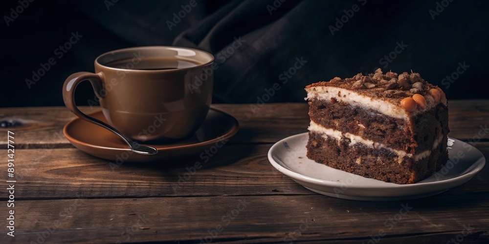 Delicious carrot cake paired with cup of hot coffee, with copy space, with empty space Delicious carrot cake paired with cup of hot coffee, with copy space, with empty space