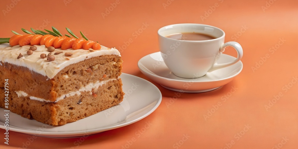 Delicious carrot cake paired with cup of hot coffee, with copy space, with empty space Delicious carrot cake paired with cup of hot coffee, with copy space, with empty space
