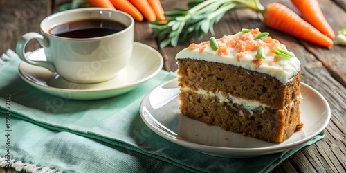 Delicious carrot cake paired with cup of hot coffee, with copy space, with empty space