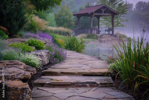 Chemin pavé vers un pavillon dans un jardin de spa au crépuscule