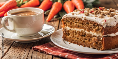 Delicious carrot cake paired with cup of hot coffee, with copy space, with empty space