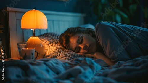 A person practicing a nighttime routine for better sleep hygiene Stock Photo with copy space