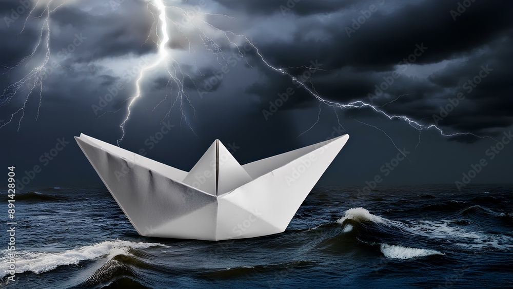 Obraz premium A paper boat at sea during a storm. White paper boat on a sea background. Concept: facing the challenges of life