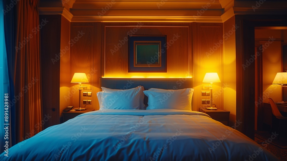 A bedroom with a comfortable bed, soft lighting, and a quiet atmosphere Stock Photo with copy space A bedroom with a comfortable bed, soft lighting, and a quiet atmosphere Stock Photo with copy space