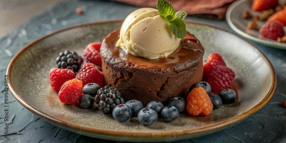 Rich chocolate fondant dessert with a scoop of ice cream and fresh berries on top, with copy space, with empty space Rich chocolate fondant dessert with a scoop of ice cream and fresh berries on top, with copy space, with empty space