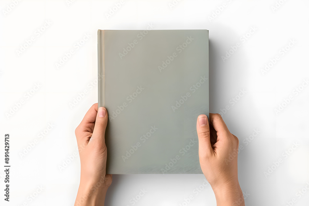 Top view Hand Holding Hardcover Book Mockup isolated on white background Top view Hand Holding Hardcover Book Mockup isolated on white background