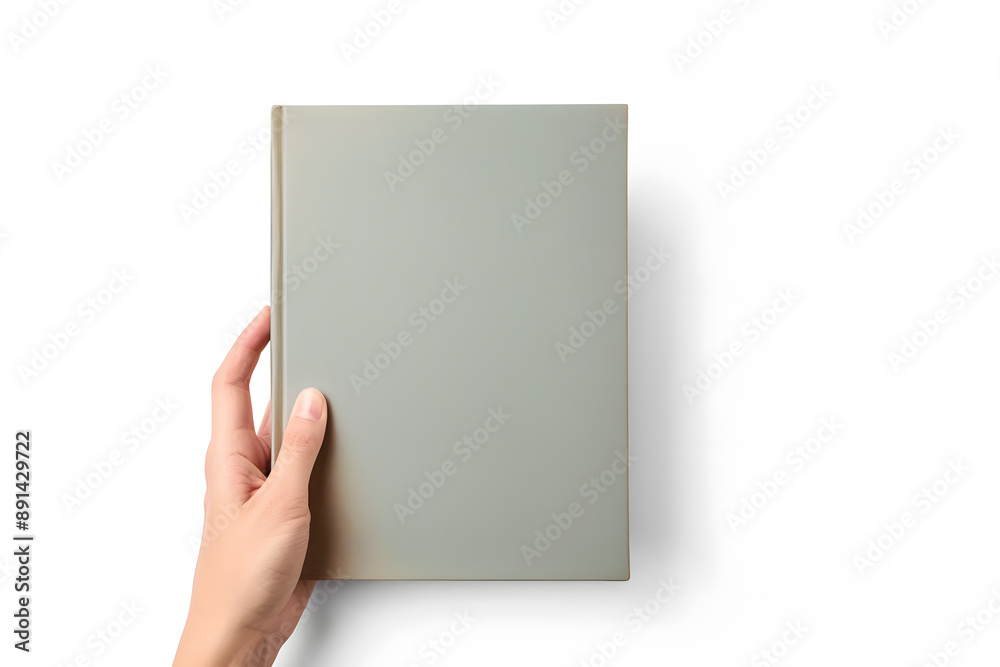 Obraz premium Top view Hand Holding Hardcover Book Mockup isolated on white background