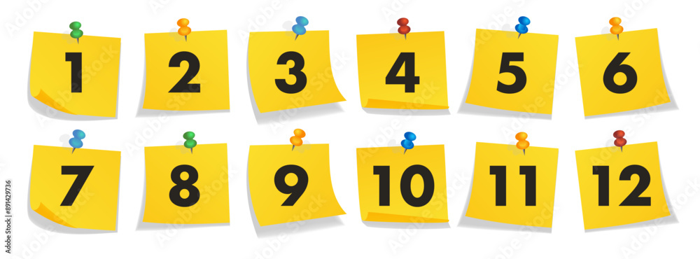 Bullet points numbers from 1 to 12 yellow sticker Bullet points numbers from 1 to 12 yellow sticker